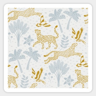 cheetahs and parrots in the jungle | bluish gray and gold | repeat pattern Sticker